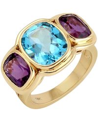 Artisan - Blue Topaz & Amethyst Gemstone Three Stone Cocktail Ring In 18k Yellow Gold - Lyst