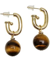 Farra - Tiger-Eye Stone Dangle Modern Hoop Earrings - Lyst