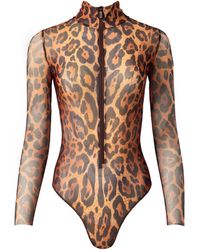 Rodasoleil Smart Swimwear - Tan-Through Mesh One-Piece Zipper Swimsuit With Sleeves Leopard - Lyst