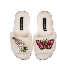 Laines London - Teddy Toweling Slipper Sliders With Foxglove Flowers & Butterfly Brooches - Lyst