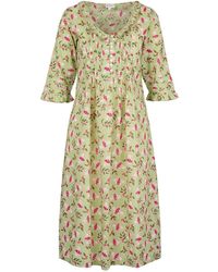 At Last - Cotton Karen 3/4 Sleeve Day Dress In Pistachio With Pink Busy Bees - Lyst