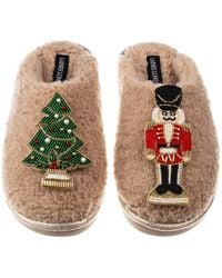 Laines London - Neutrals Teddy Closed Toe Slippers With Christmas Tree & Nutcracker Brooches - Lyst
