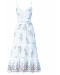 Yumi' - Neutrals Ivory Foil Print Midi Sun Dress With Lace Trims - Lyst