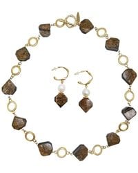 Farra - Elegant Tiger Eye Jewelry Set Necklace And Hoop Earrings - Lyst