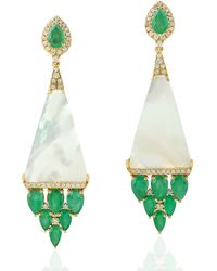 Artisan - Mother Of Pearl Emerald Dangle Earrings Yellow Gold Diamond Gemstone Jewelry - Lyst