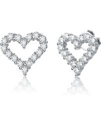 Genevive Jewelry - Stella Sterling Plated With Lab Created Moissanite French Pave Heart Halo Stud Earrings - Lyst