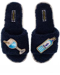 Laines London - Teddy Towelling Slipper Sliders With Sapphire Gin Brooches - Lyst