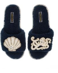 Laines London - Teddy Toweling Slipper Sliders With Beaded Shell & Octopus Brooches - Lyst