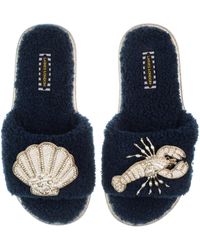Laines London - Teddy Toweling Slipper Sliders With Beaded Shell & Lobster Brooches - Lyst