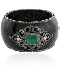 Artisan - Carved Emerald & Pave Diamond In 18k Gold With 925 Silver Enamel Wide Bangle - Lyst