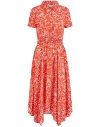Yumi' - Coral Tropical Leaf Print Midi Ruched Shirt Dress - Lyst