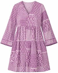 House of Gl - Liora Hand-Block Printed Cotton Bell Sleeve Mini Dress With Lace Detail - Lyst
