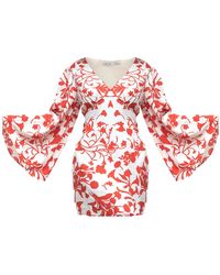 Lavaand - The Florence V Neck Flare Sleeve Mini Dress In Red White Floral - Lyst