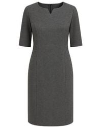 Conquista - Wool Silk Acrylic Blend Woven Straight Dress With Elbow Sleeves & Faux Pockets - Lyst