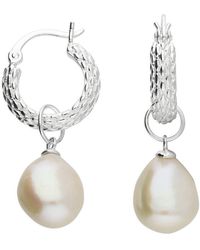 Harfi - Elegant Sterling Basket Weave Hoop Earrings With Freshwater Pearl Charm - Lyst