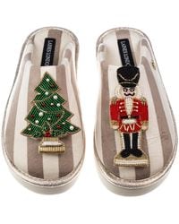 Laines London - Neutrals Flatform Stripe Closed Toe Slippers With Christmas Tree & Rocking Horse Brooches - Lyst