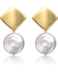 Genevive Jewelry - Sterling Silver Yellow Gold Plated With White Coin Pearl Double Dangle Square Earrings - Lyst
