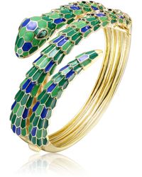 Genevive Jewelry - Rachel Glauber Yellow Gold Plated With Emerald Cubic Zirconia Green & Blue Enamel Serpent Coiled Bypass Wrapped Bangle Bracelet - Lyst