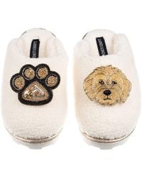 Laines London - Neutrals Teddy Closed Toe Slippers With Paw & Golden Cockapoo Brooches - Lyst
