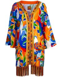 Lalipop Design - Colorful Leaf Print Midi Kimono With Embroidery Borders - Lyst