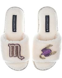 Laines London - Teddy Towelling Slipper Sliders With Scorpio Zodiac Brooches - Lyst
