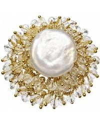 Farra - Romantic Style Floral Freshwater Pearl With Crystal Cocktail Ring - Lyst