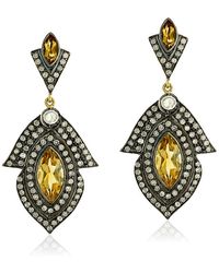 Artisan - Marquise Shape Citrine Pave Diamond In 18k Gold & Silver Designer Dangle Earrings - Lyst