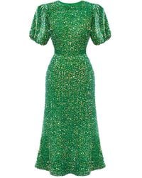 POST MERIDIEM - Sequin Decorated Velvet Puff Sleeve Midi Dress - Lyst