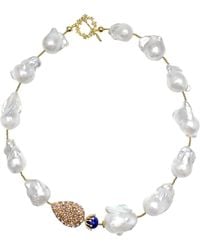 Farra - Baroque Pearl With Rhinestones Bordered Pearls & Lapis Short Necklace - Lyst