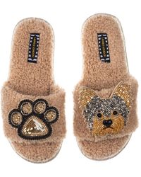 Laines London - Teddy Towelling Slipper Sliders With Minnie Yorkie & Paw Brooches - Lyst