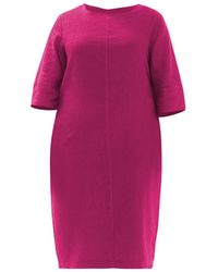 Haris Cotton - Keyhole Neckline Curve Midi Linen Dress With Three Quarters Sleeves Pomegranate - Lyst