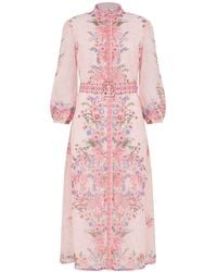 Raishma - Rose Floral Half Length Sleeve Belted Midi Shirt Dress - Lyst