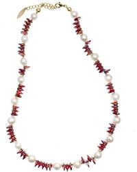 Farra Burgandy Crystals With Freshwater Pearls Short Necklace - Multicolour