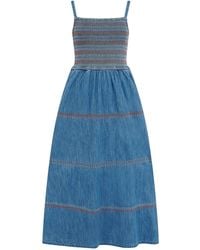 Sugarhill - Murren Shirred Midi Dress Washed Denim - Lyst