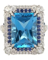 Artisan - 18k White Gold Blue Sapphire Topaz Diamond Cocktail Ring Handmade Jewelry - Lyst