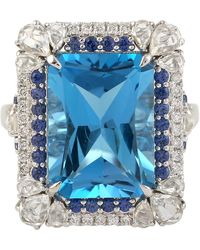 Artisan - 18k White Gold Blue Sapphire Topaz Diamond Cocktail Ring Handmade Jewelry - Lyst