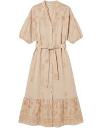 LAtelier London - Neutrals Embroidered Cotton Midi Shirt Dress - Lyst