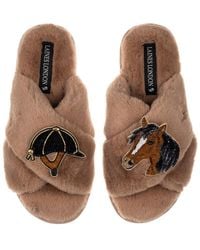 Laines London - Faux Fur Cross-Strap Embellished Slippers - Lyst