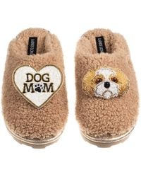 Laines London - Neutrals Teddy Closed Toe Slippers With Dog Mum Mom & & Shih Tzu Brooches - Lyst