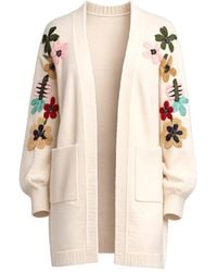 Tantra Spain Sl - Neutrals Long Knit Jacket With Embroidered Flowers On The Sleeves And Front Pockets - Lyst