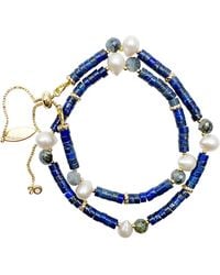 Farra - Lapis With Teardrop Freshwater Pearls Double Layers Bracelet - Lyst
