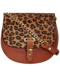 N'damus London Mini Victoria Leopard Print Full Grain Tan Leather Crossbody Saddle Bag With Gold Chain - Brown