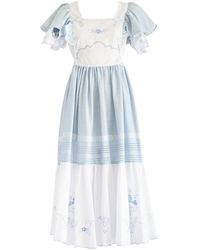 Sugar Cream Vintage - Re-design Upcycled Floral Hand Embroidery & Blue Maxi Dress - Lyst
