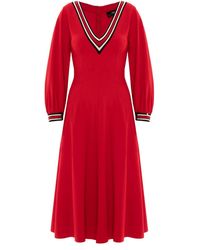 Nissa Puff Sleeve Midi Dress In Red