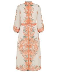 Raishma - Rose Floral 3/4 Length Sleeve Belted Midi Shirt Dress - Lyst