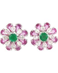 Artisan - Pear Shape Rose Cut Diamond & Pink Sapphire With Emerald In 18k White Gold Floral Stud Earrings - Lyst