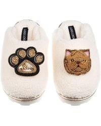 Laines London - Neutrals Teddy Closed Toe Slippers With Paw & Ginger Persian Cat Brooches - Lyst