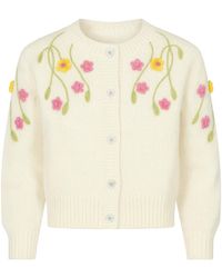 Yumi' - Neutrals Flower Embroidered Chunky Knit Cardigan - Lyst