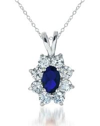 Genevive Jewelry - Cz Sterling Silver Rhodium Plated Sapphire Flower Shape Drop Pendant - Lyst