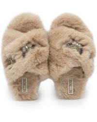 Rettrose - Neutrals Sadie Mink Luxury Plush Diamanté Embellished Handmade Slipper - Lyst